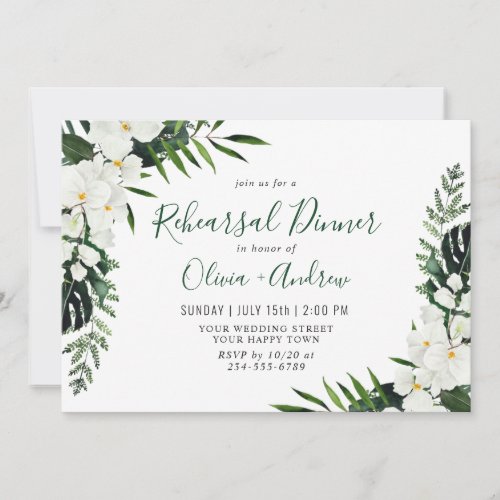 Elegant White Orchids Bohemian REHEARSAL DINNER Invitation