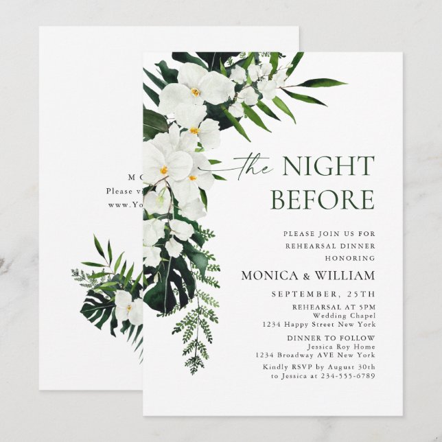 Elegant White Orchids Bohemian Rehearsal Dinner Invitation (Front/Back)