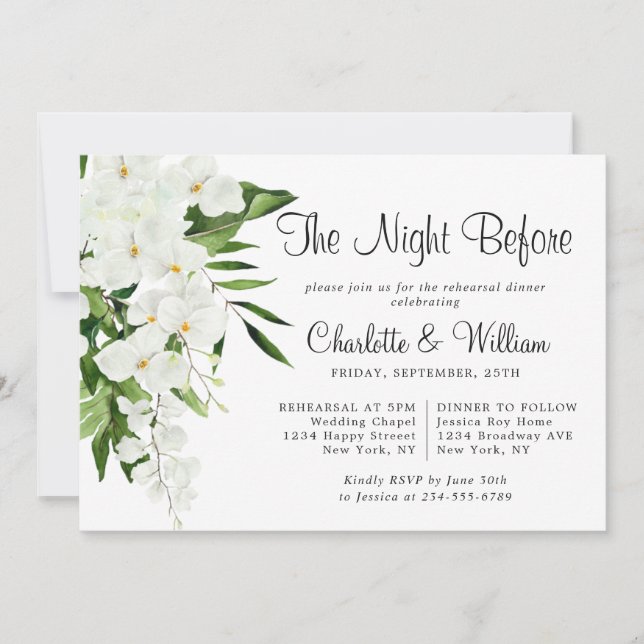 Elegant White Orchids Bohemian REHEARSAL DINNER Invitation (Front)