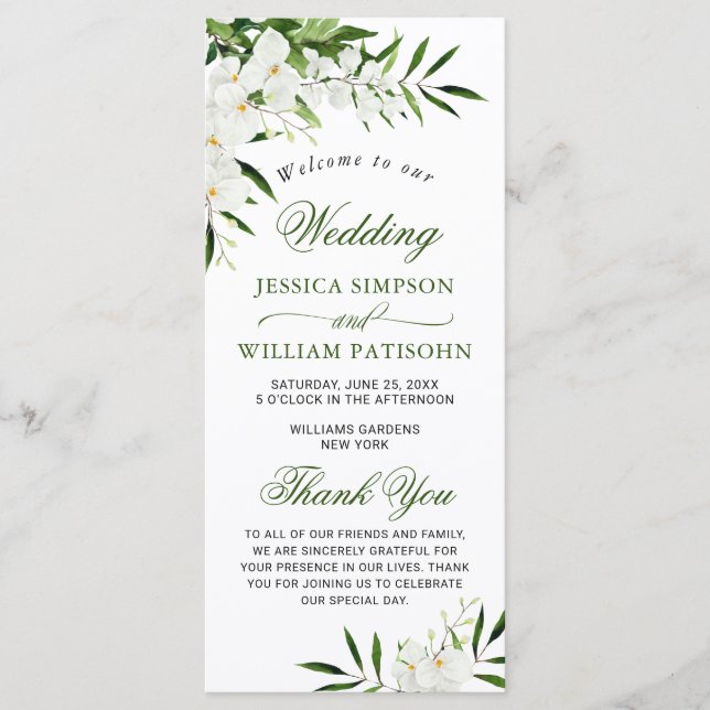 Elegant White Orchids Bohemian Wedding Ceremony Pr Program (Front)