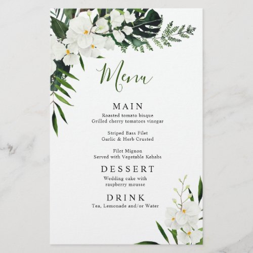 Elegant White Orchids Bohemian Wedding Dinner Menu