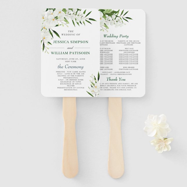 Elegant White Orchids Bohemian Wedding Program Hand Fan (Front and Back)