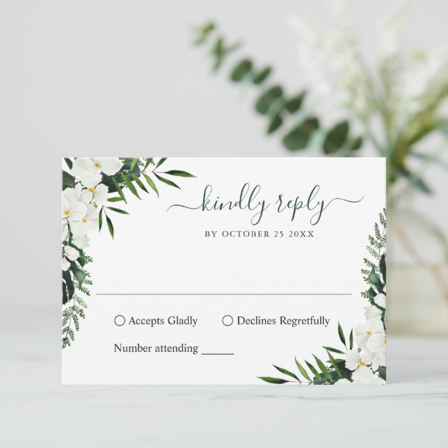 Elegant White Orchids Bohemian Wedding RSVP Card (Standing Front)