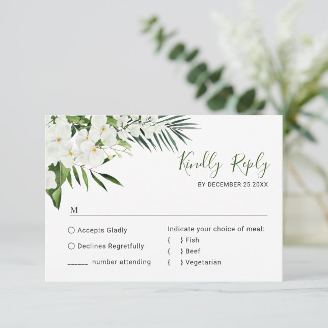 Elegant White Orchids Bohemian Wedding RSVP Card (Standing Front)