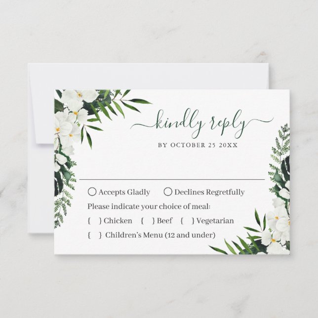 Elegant White Orchids Bohemian Wedding RSVP Card (Front)