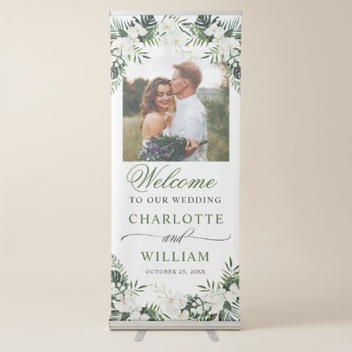 Elegant White Orchids Boho PHOTO Wedding Welcome Retractable Banner