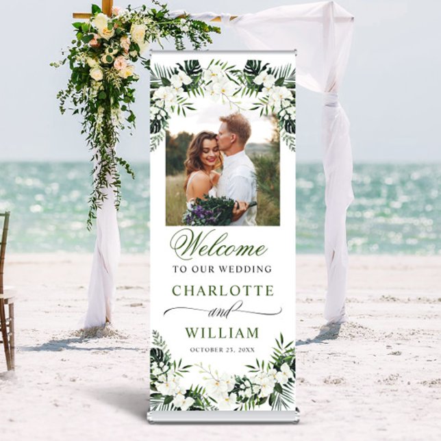 Elegant White Orchids Boho PHOTO Wedding Welcome Retractable Banner (Creator Uploaded)