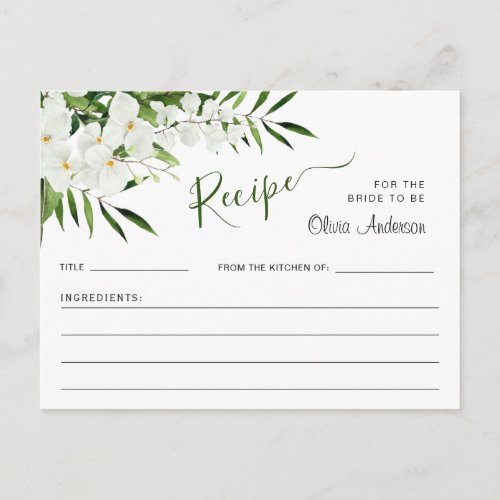 Elegant White Orchids Bridal Shower Recipe Card