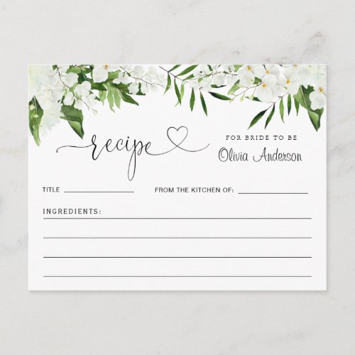 Elegant White Orchids Bridal Shower Recipe Card