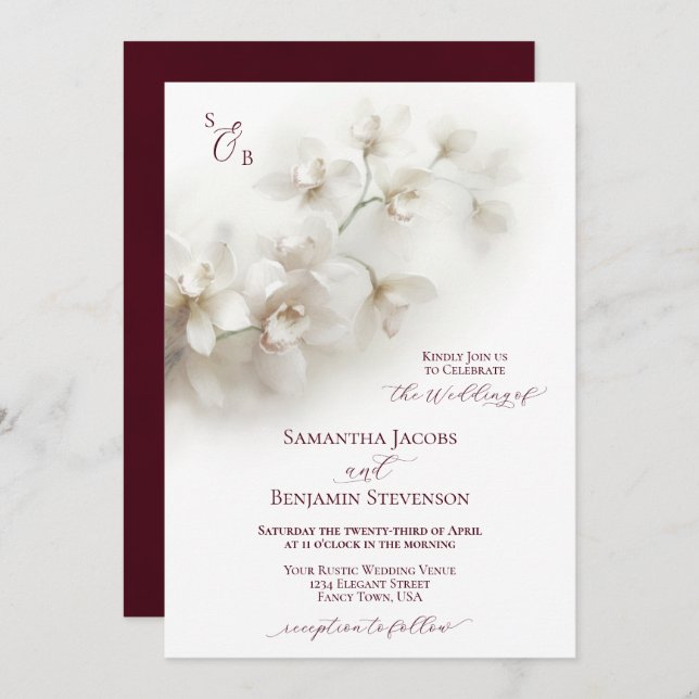 Elegant White Orchids Burgundy Script Wedding Invitation (Front/Back)