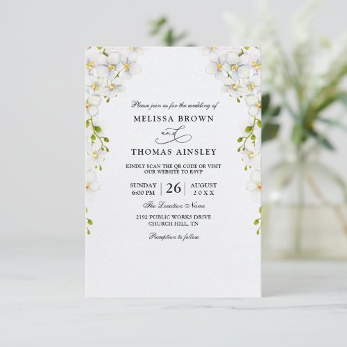 Elegant White Orchids Chic Budget QR Code Wedding Invitation