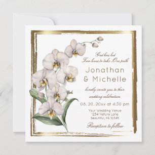 Elegant White Orchids Gold Frame Christian Wedding Invitation