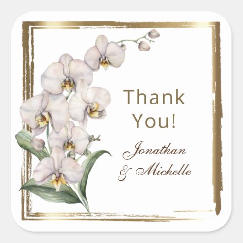 Elegant White Orchids Gold Frame Thank You Wedding Square Sticker