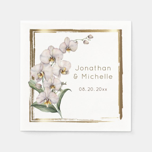 Elegant White Orchids Gold Frame Wedding Napkins (Front)