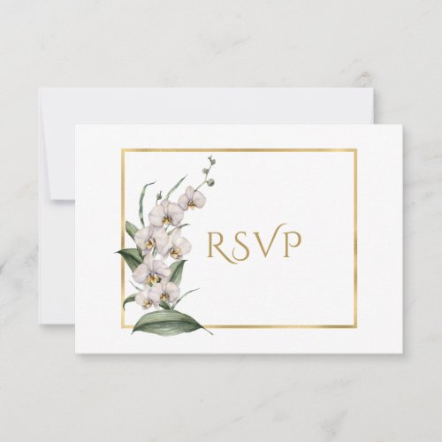 Elegant White Orchids Gold Frame Wedding RSVP Card