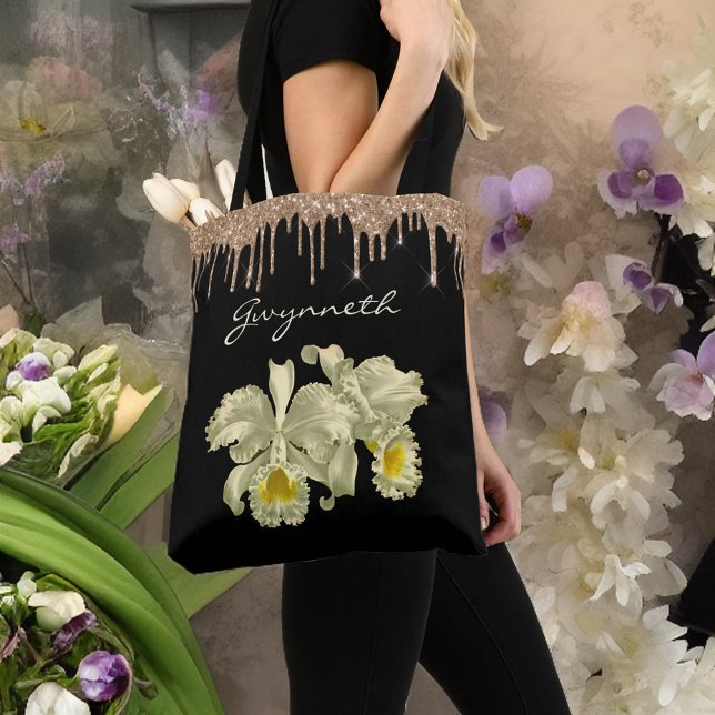 Elegant White Orchids Gold Glitter Drips Monogram  Tote Bag (Creator Uploaded)