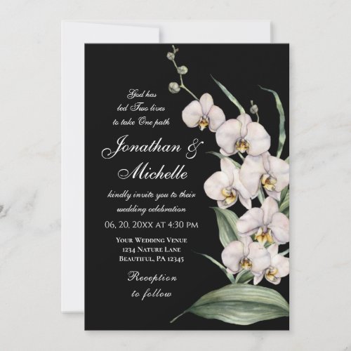 Elegant White Orchids on Black Christian Wedding Invitation