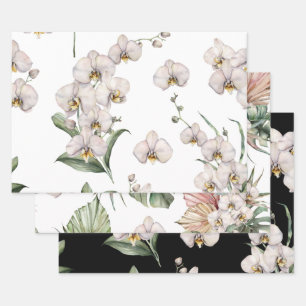 Elegant White Orchids Palms Tropical Floral Wrapping Paper Sheets