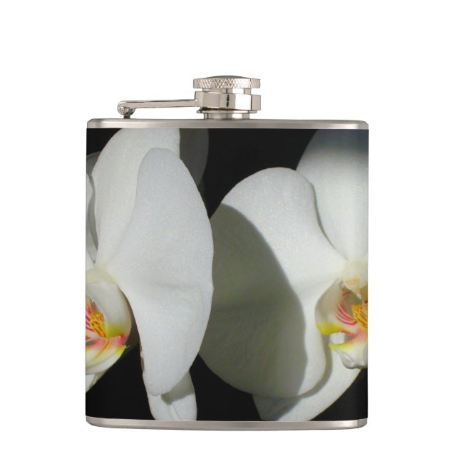 Elegant White Orchids, tropical floral photo Flask (Front)