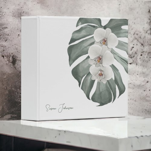 Elegant White Orchids Tropical Floral with Name 3 Ring Binder