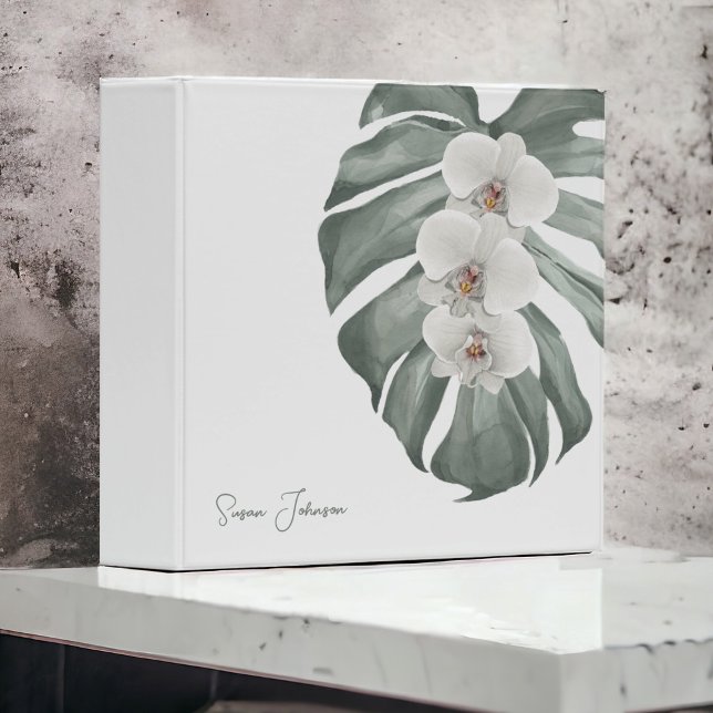 Elegant White Orchids Tropical Floral with Name 3 Ring Binder (Creator Uploaded)