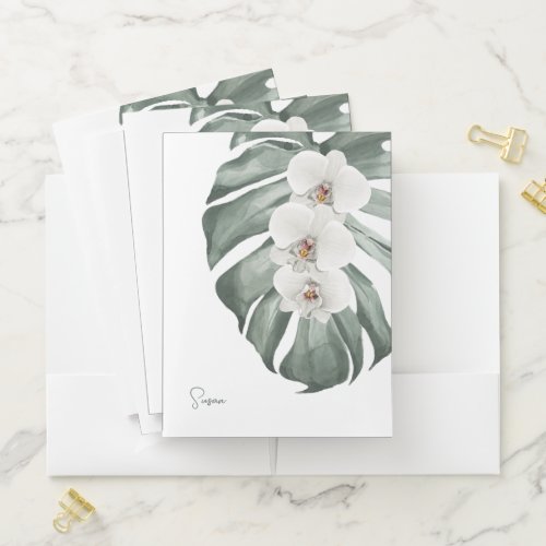 Elegant White Orchids Tropical Floral with Name Pocket Folder