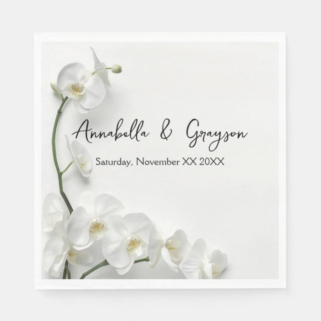 Elegant White Orchids Wedding Napkins (Front)