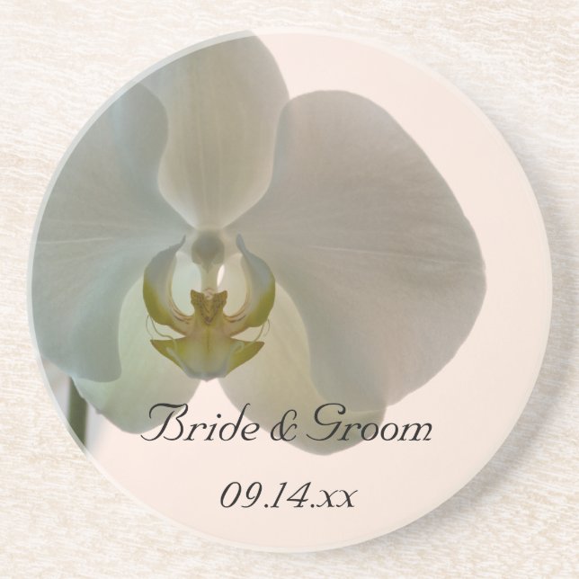 Elegant White Orchids Wedding Sandstone Coaster (Front)