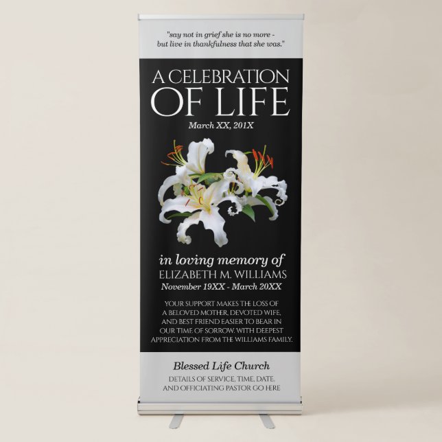 Elegant White Oriental Lilies Celebration of Life Retractable Banner (Front)