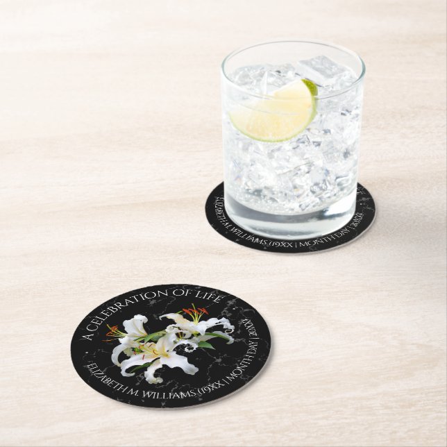 Elegant White Oriental Lilies Celebration of Life Round Paper Coaster (Insitu)