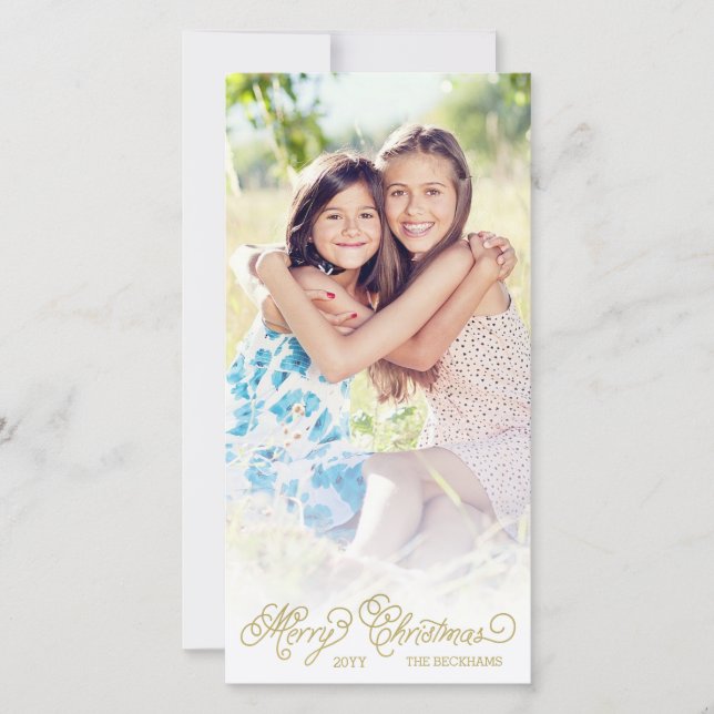 Elegant White Overlay Gold Script Christmas Photo Holiday Card (Front)