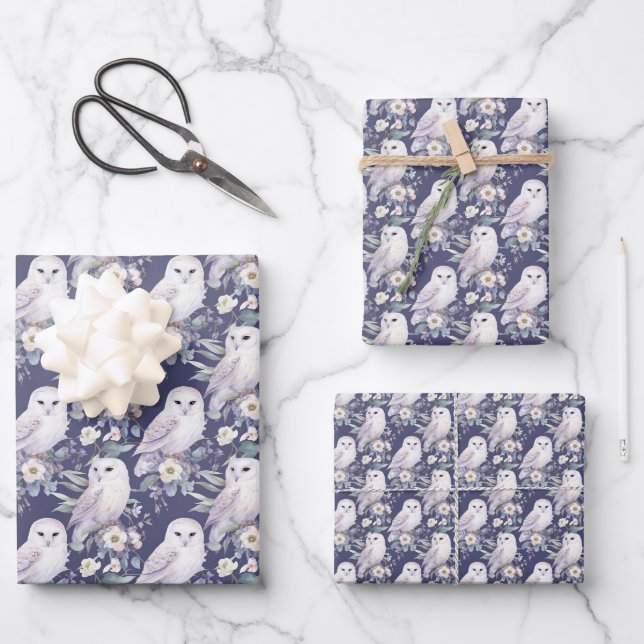 Elegant White Owl Wrapping Paper Sheets (Front)