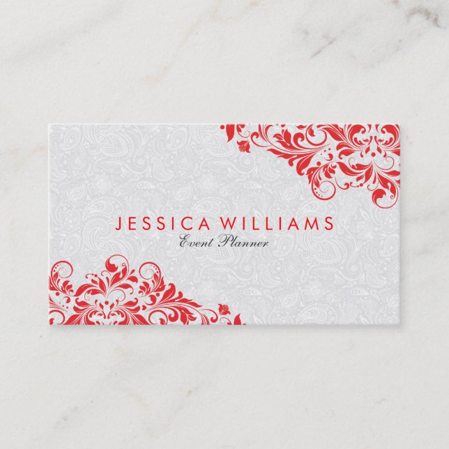 Elegant White paisley And Red Floral Lace Business Card (Front)