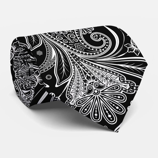 Elegant White Paisley On Black Background Neck Tie (Rolled)