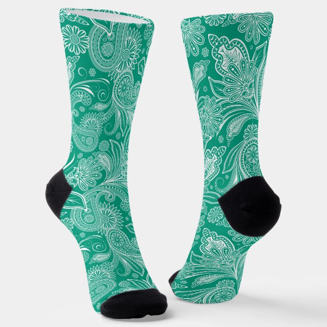 Elegant White Paisley On Blue-Green Background Socks (Angled)
