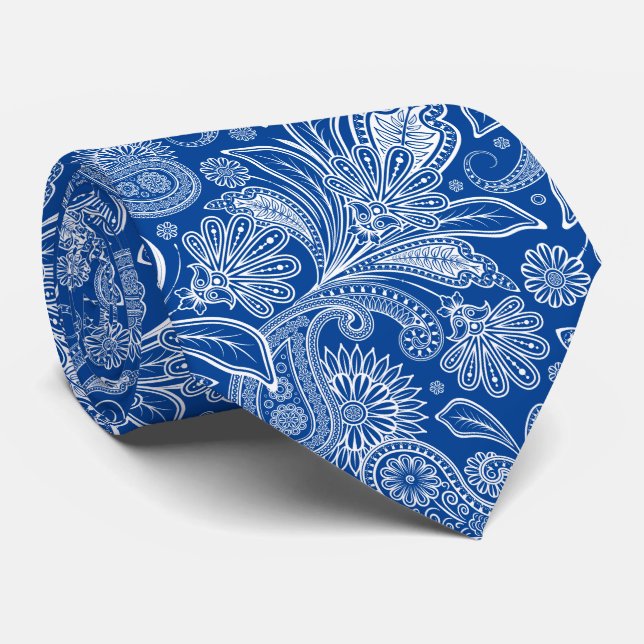 Elegant White Paisley On Navy Blue Background Neck Tie (Rolled)