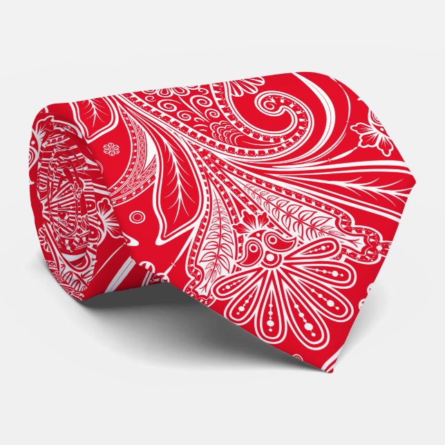 Elegant White Paisley On Red Changeable Background Neck Tie (Rolled)