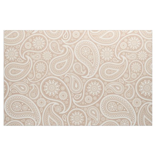 Elegant White Paisley Over Tan Background Fabric