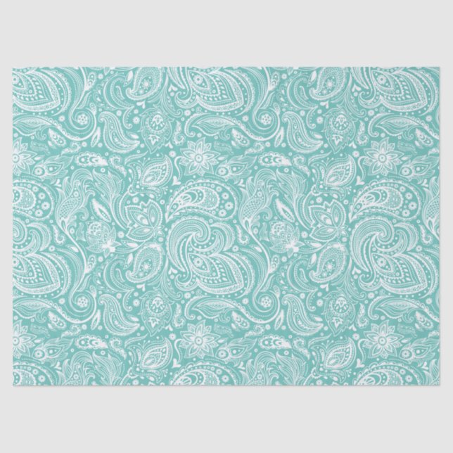Elegant White Paisley Over Turquise Background Tissue Paper (Front)