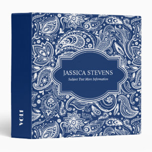 Elegant White Paisley With Custom Blue Background 3 Ring Binder