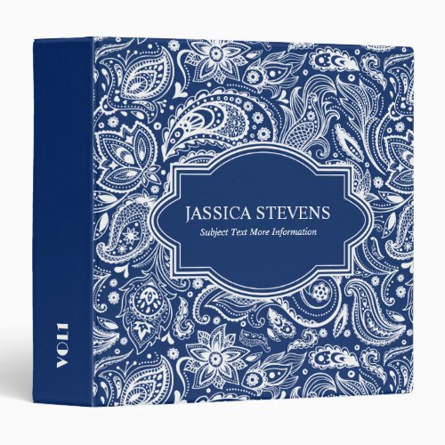 Elegant White Paisley With Custom Blue Background 3 Ring Binder