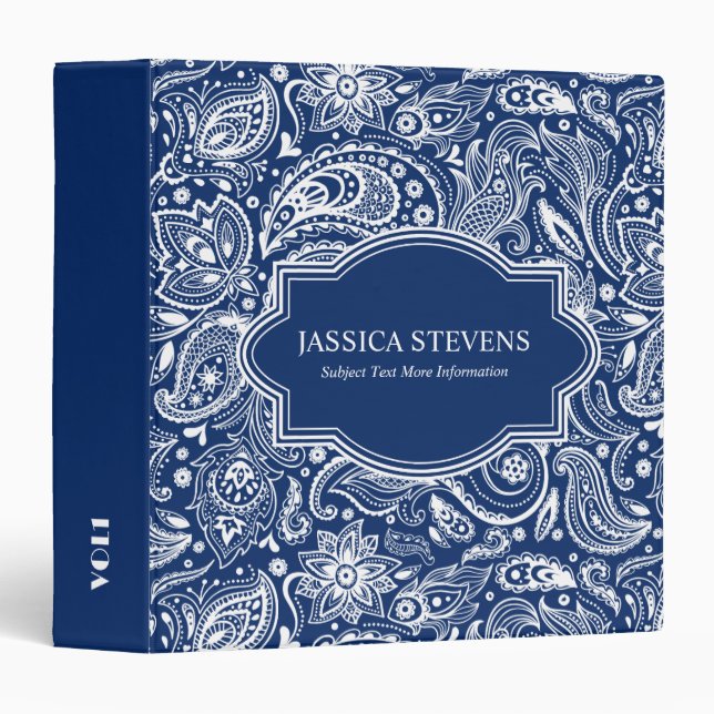 Elegant White Paisley With Custom Blue Background 3 Ring Binder (Front/Spine)