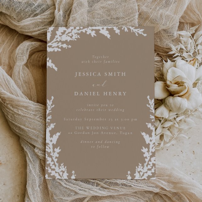 Elegant White Pale Taupe Boho Leaf Wedding Invitation (Creator Uploaded)