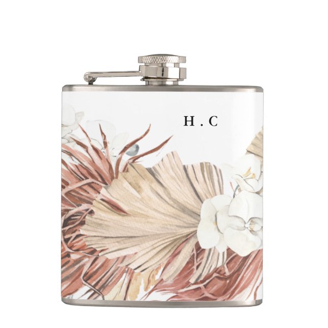 Elegant White Pampas Grass Floral Groomsmen Flask (Front)