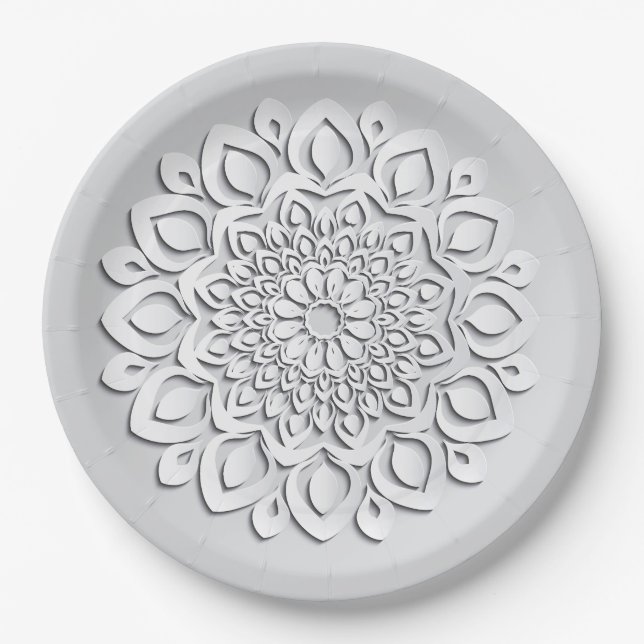 Elegant White Paper Cut Mandala Paper Plates (Front)