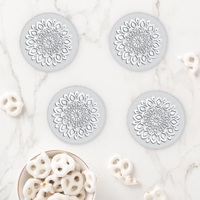 Elegant White Paper Cut Mandalas Coaster Set (In Situ)