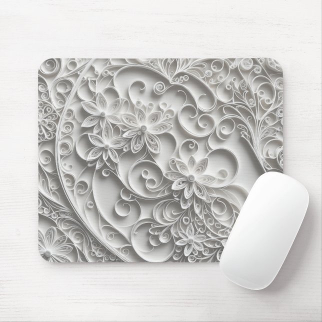 Elegant White Paper Quilling Design Mouse Pad (With Mouse)