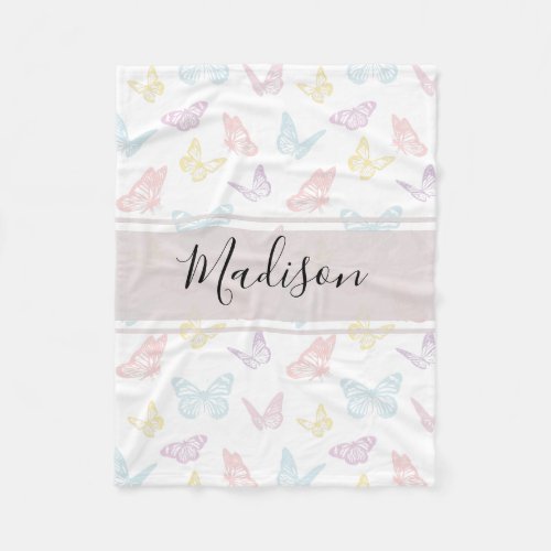 Elegant White Pastel Butterfly Pattern Kids Name Fleece Blanket