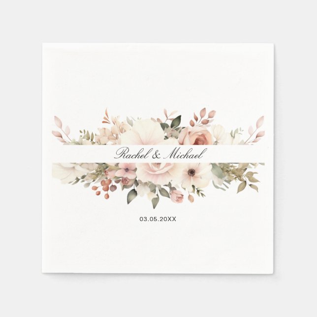 Elegant, white, pastel, flower bouquet napkins (Front)