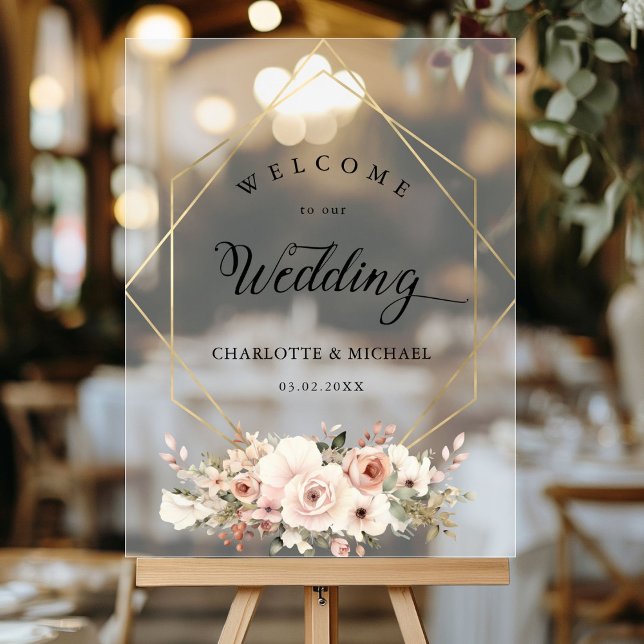 Elegant, White, Pastel, Flower, Geometric Wedding  Acrylic Sign (Personalized Elegant, White, Pastel, Flower, Geometric Wedding Acrylic Sign with your names and date)